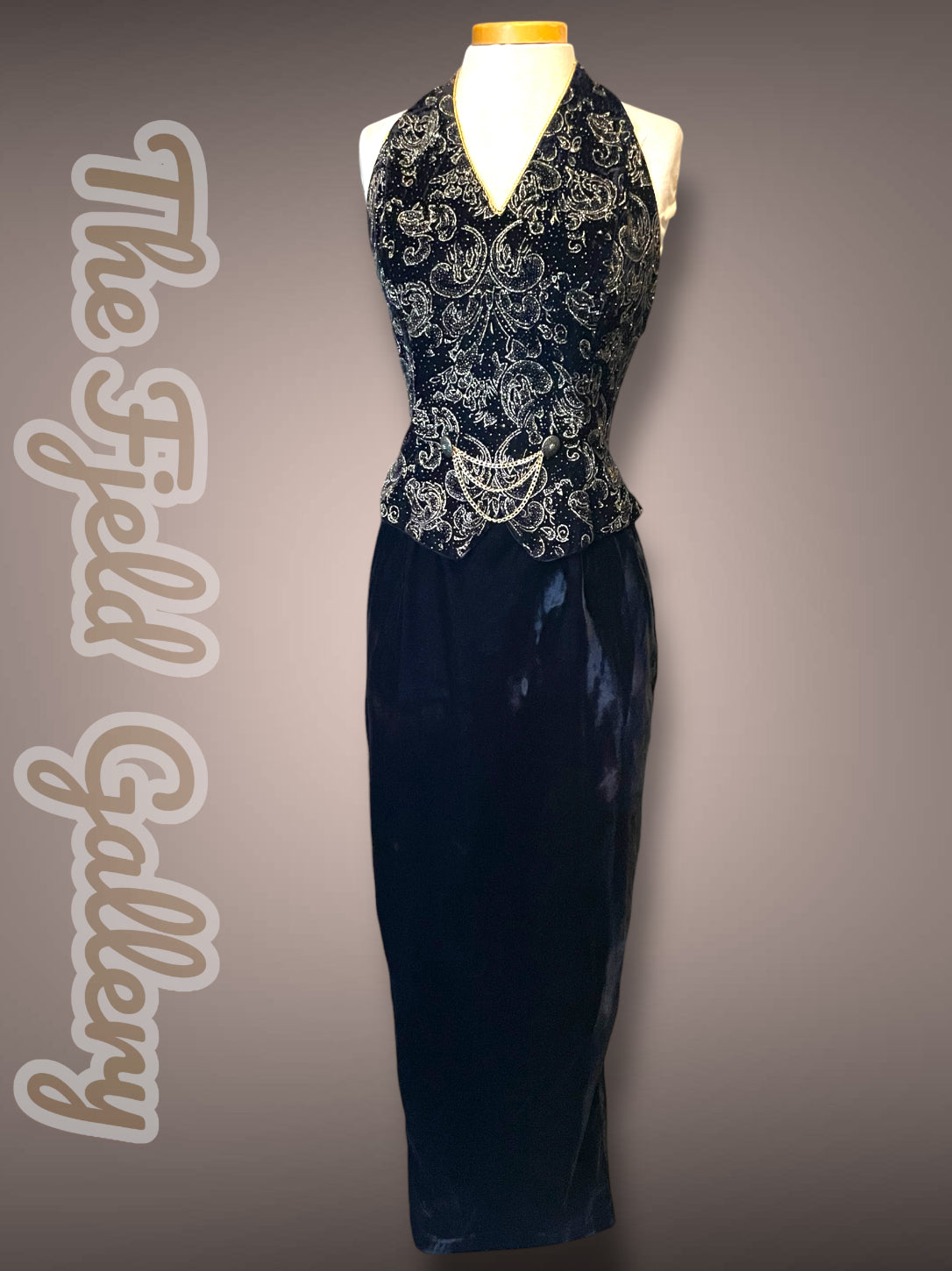 Vintage 1990’s Scott McLintock Black Velvet Maxi Pencil Halter Dress with Gold Glitter Damask Pattern