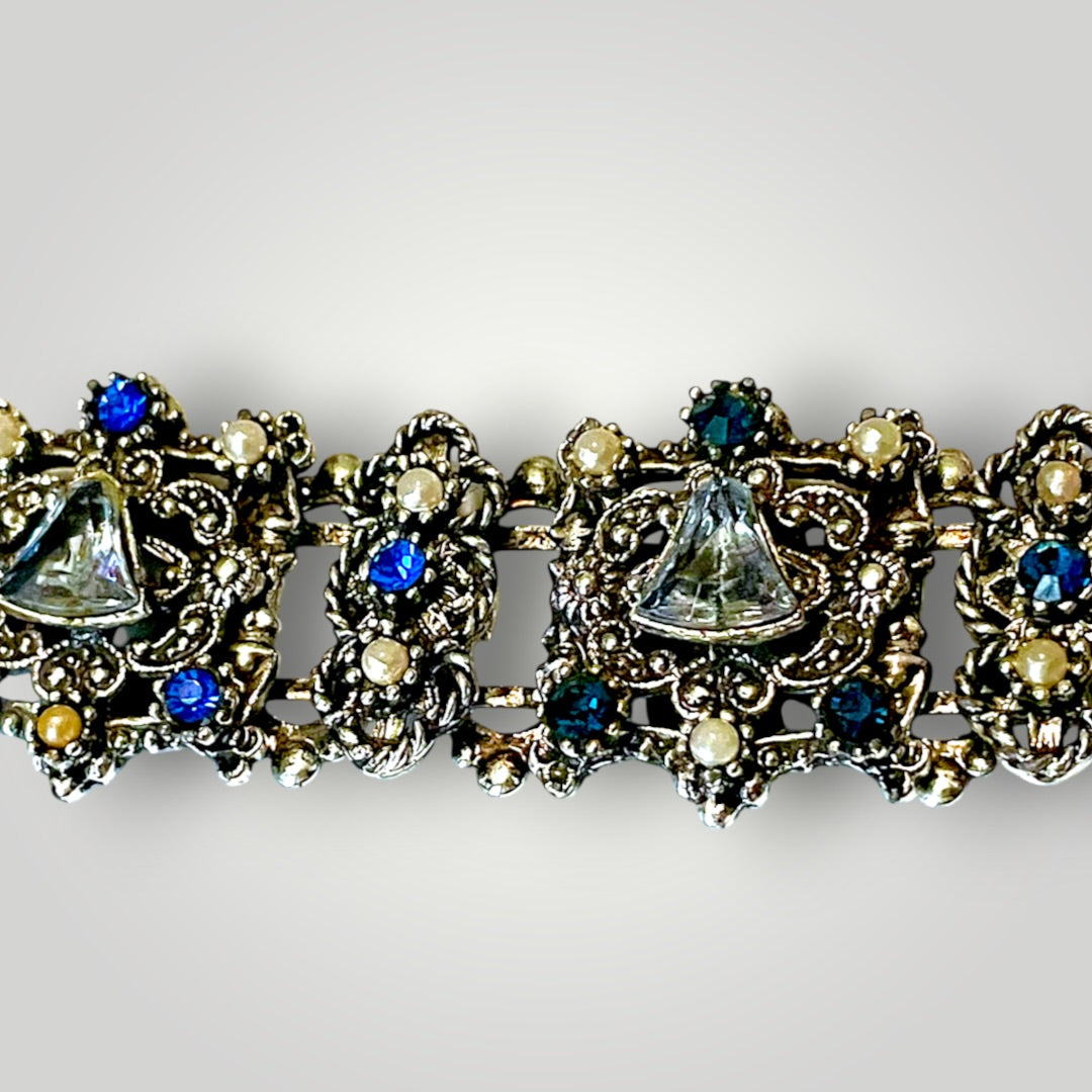 Stunning Multi Blue Crystal & Pearl Victorian Book Link Chunky Bracelet