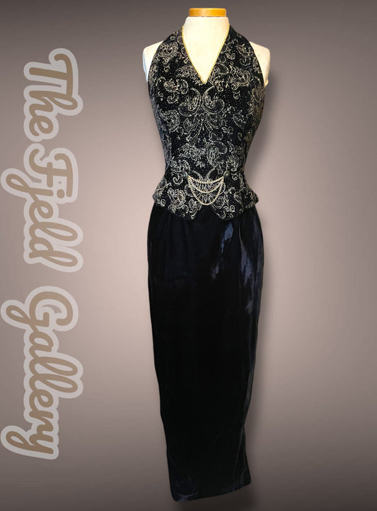 Vintage 1990’s Scott McLintock Black Velvet Maxi Pencil Halter Dress with Gold Glitter Damask Pattern