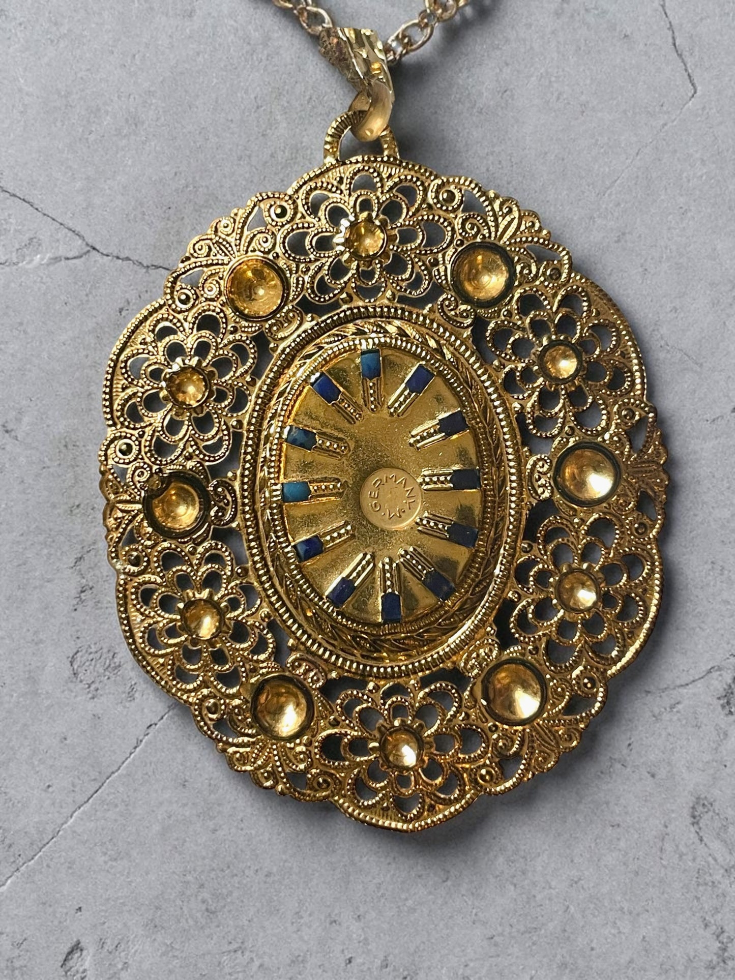 1940’s West German Gilded Brass Filigree Lapis Blue, Cats Eye Art Glass & Pearl Necklace