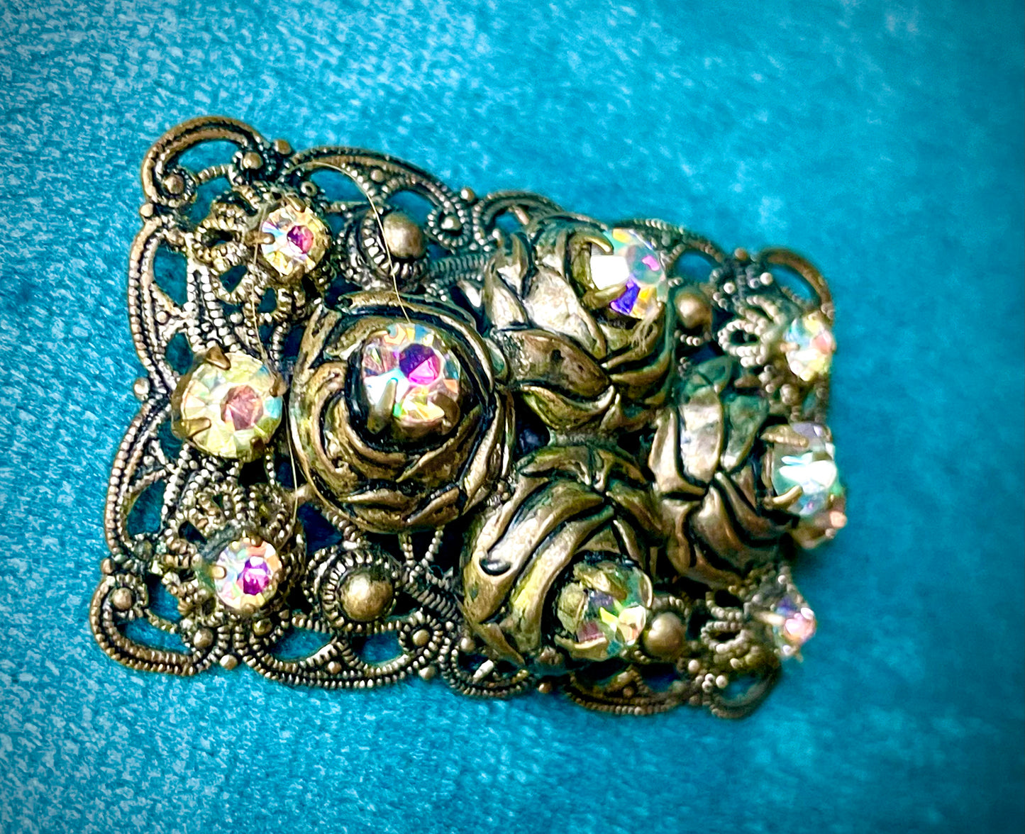 West German Aurora Borealis Crystal Brass Filigree Rose Brooch