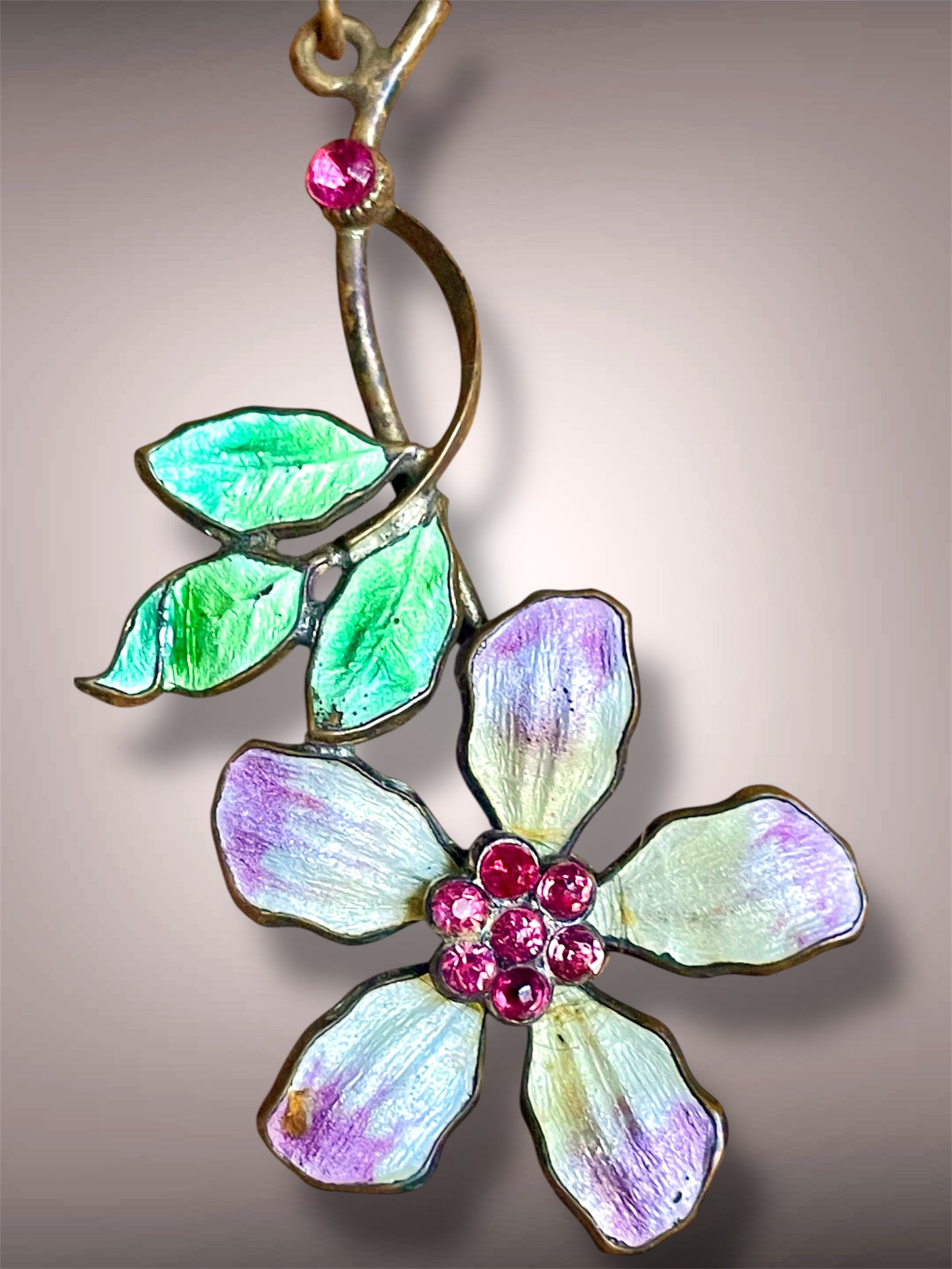 Art Nouveau Czech Cloisonné Yellow & Purple Flower, Leaves & Pink Crystal Yellow Glass Bead Y Drop Lavaliere Necklace