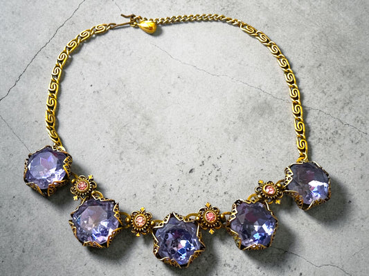 Art Nouveau Austrian Lilac Purple & Pink Crystal Brass Filigree Necklace