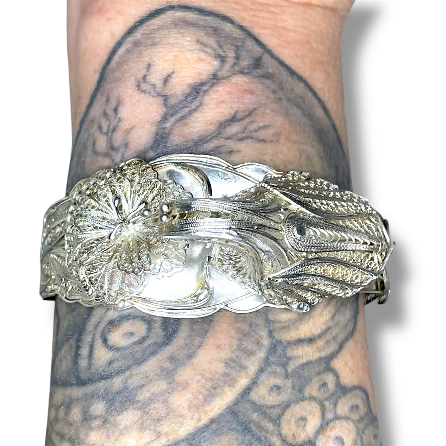 Incredible Sterling Filigree Peacock & Flower 3D Cuff Bracelet