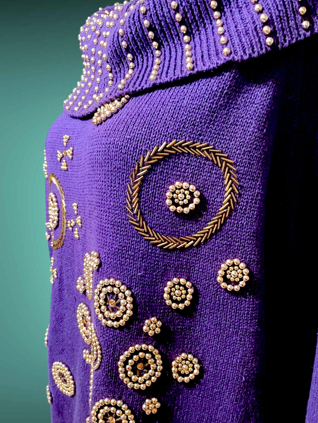 Vintage 1980’s Purple Oversized Boat Neck Sweater with Gold Bead Detail Design