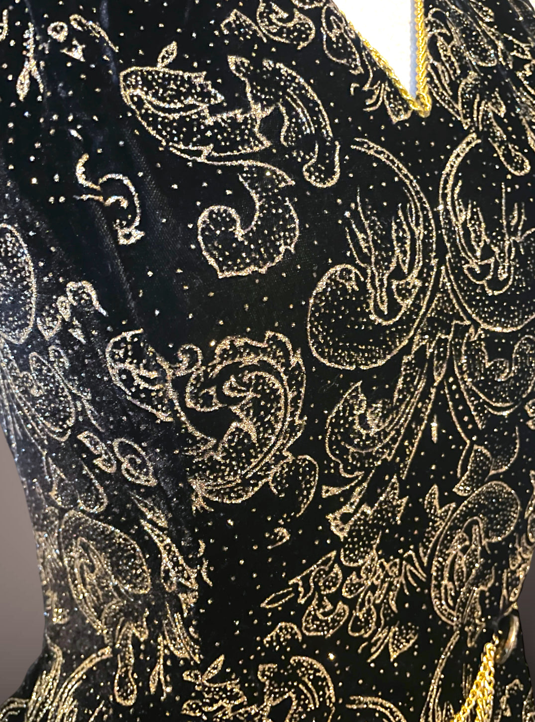 Vintage 1990’s Scott McLintock Black Velvet Maxi Pencil Halter Dress with Gold Glitter Damask Pattern