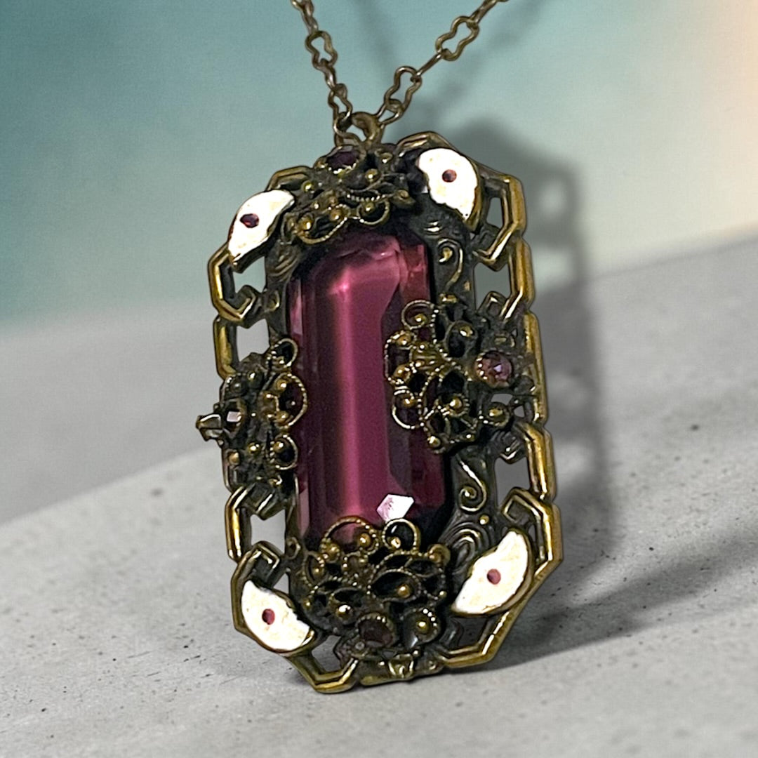 Art Nouveau Neiger Brothers Purple Crystal & Enamel Brass Filigree Necklace
