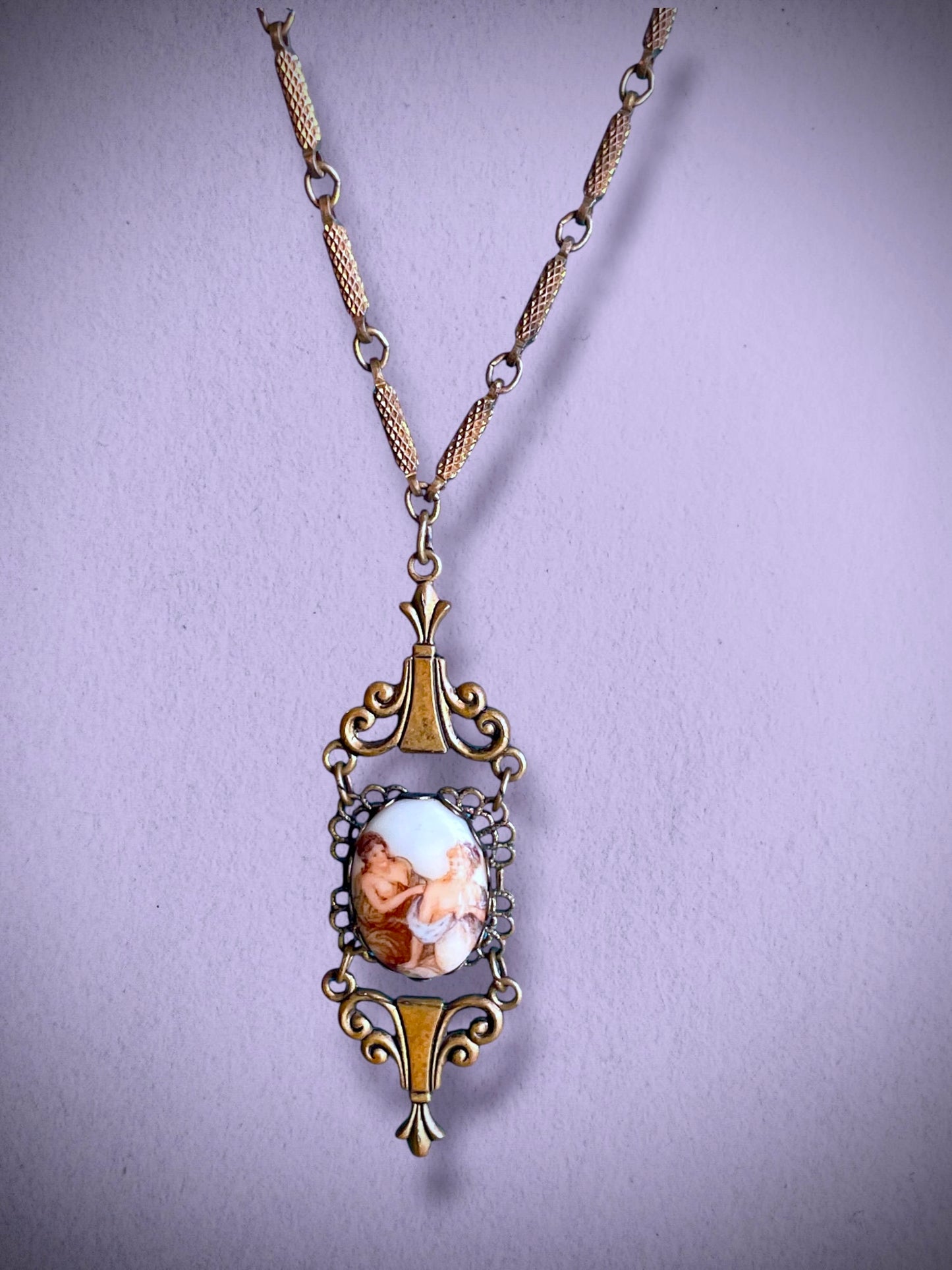 Art Nouveau Rococo Porcelain Limogé Renaissance Cameo Flourish Brass Pendant Necklace