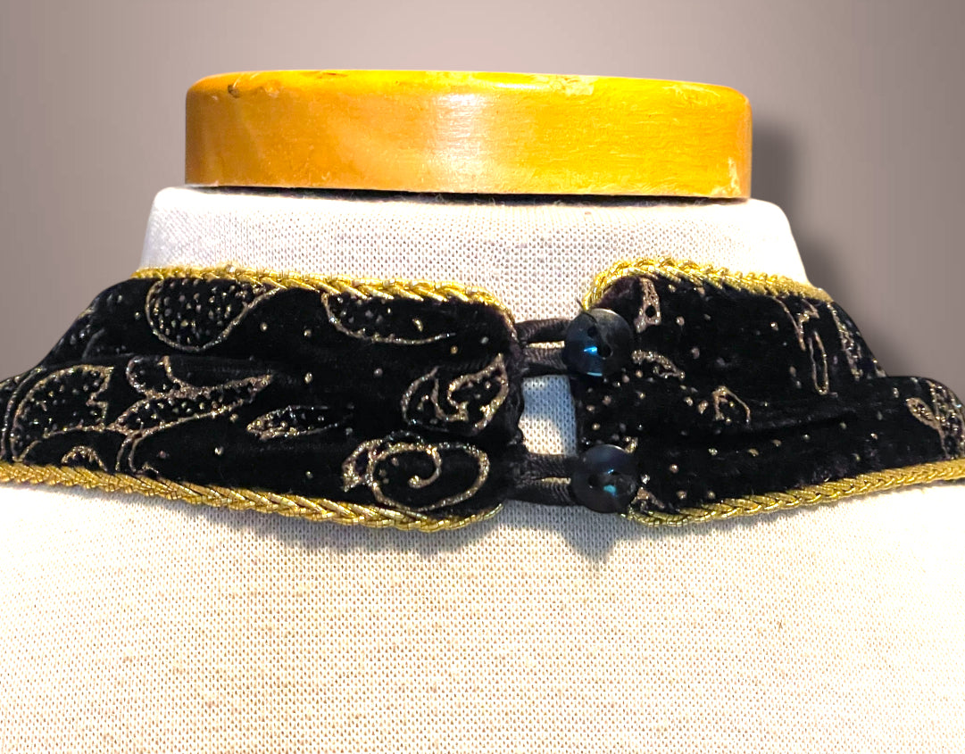 Vintage 1990’s Scott McLintock Black Velvet Maxi Pencil Halter Dress with Gold Glitter Damask Pattern