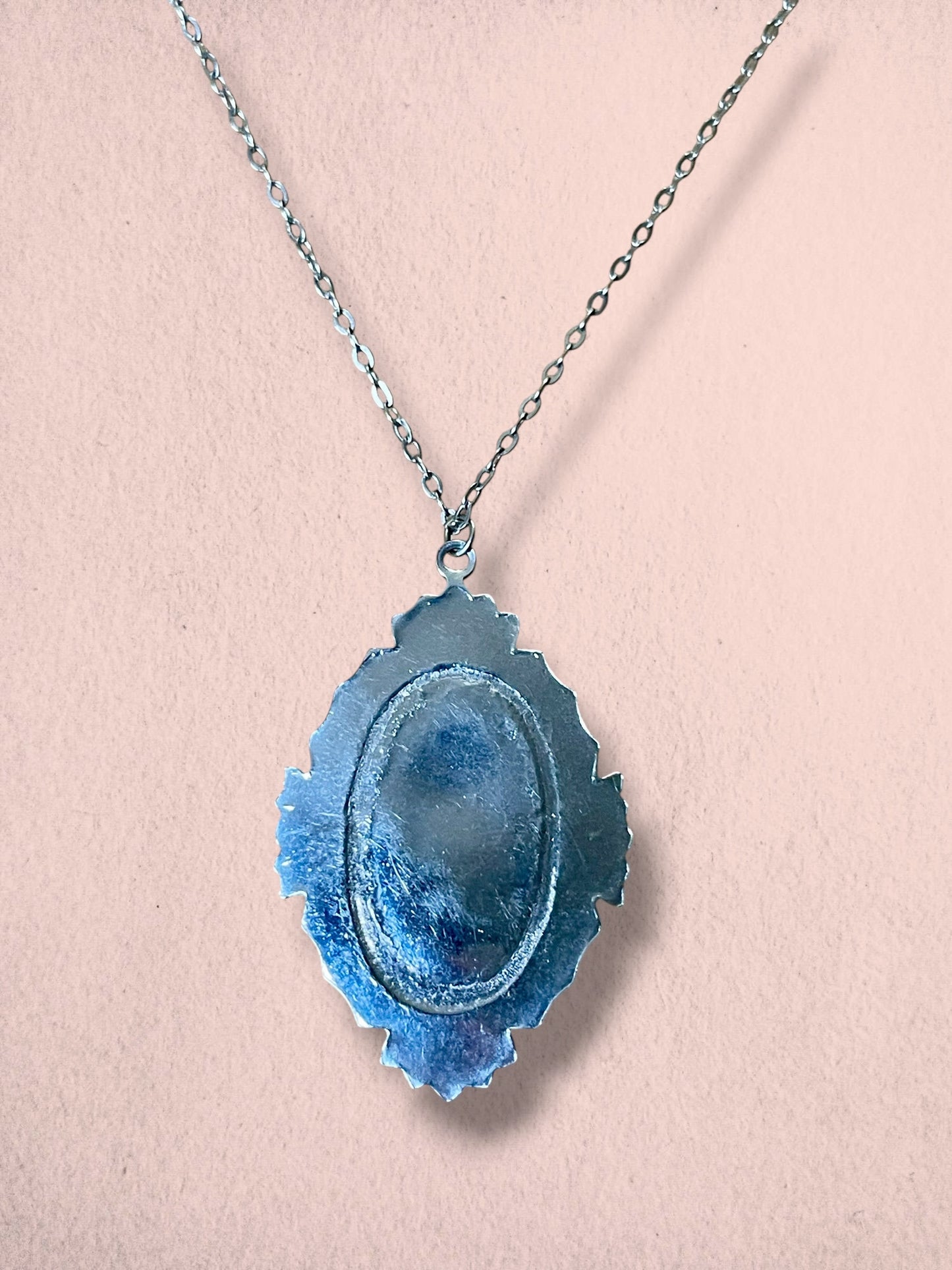 Art Deco Sapphire Blue Faceted Art Glass Lotus Flower Silver Necklace