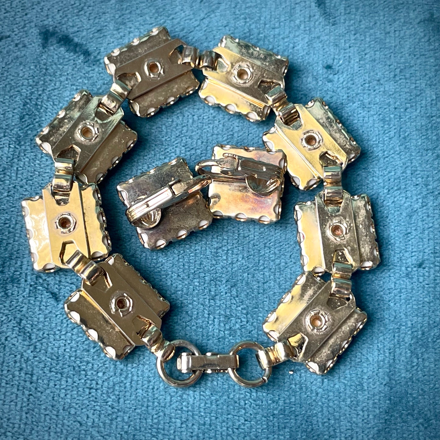 Vintage Blue Forget Me Not Flower Hand Painted Porcelain Limoge Panel Link Bracelet & Earring Demi Parure