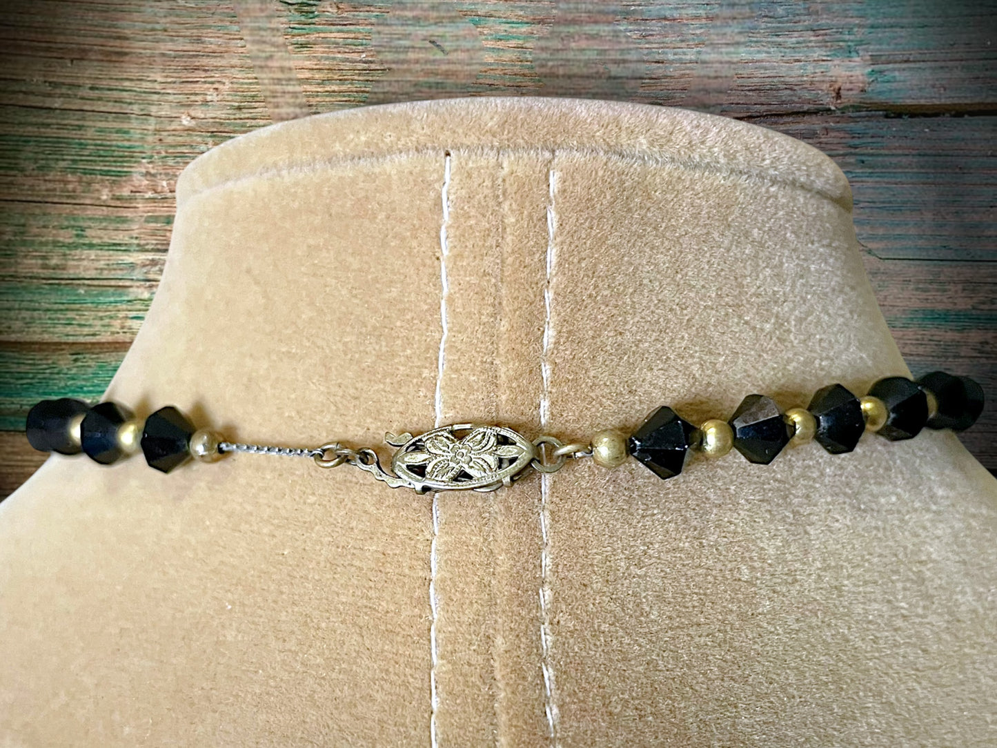 Victorian Mourning Black Crystal & Brass Saw-blade Gothic Chain Necklace