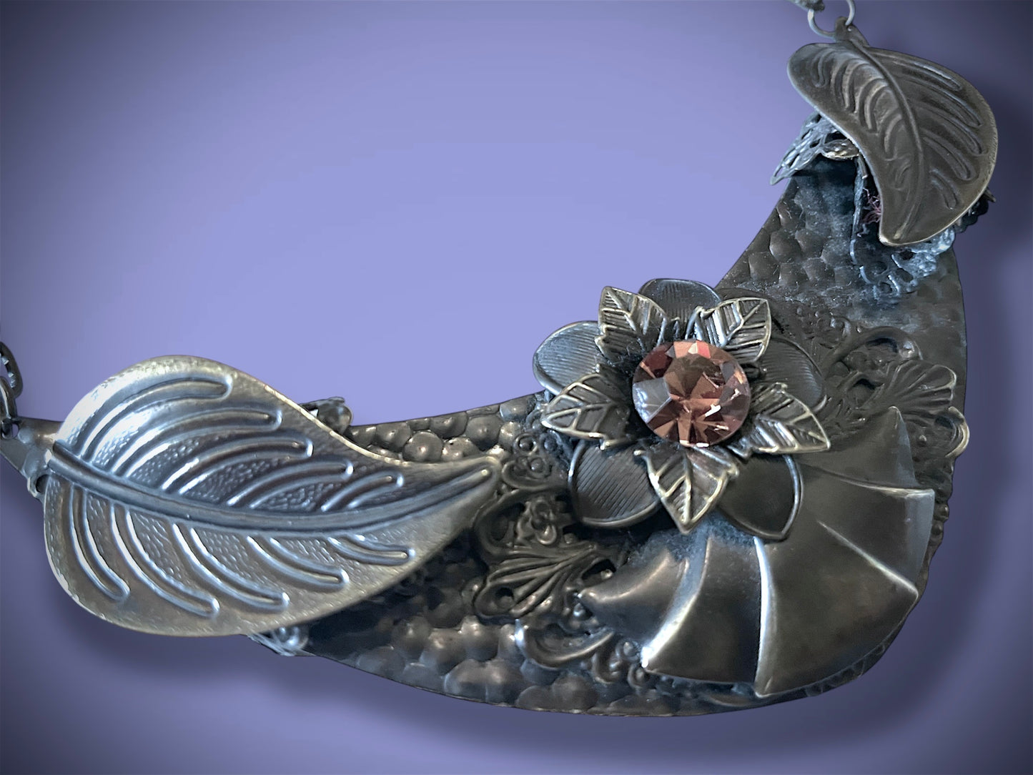 Art Nouveau Hand Hammered Brass & Citrine Crystal Chevron Choker Necklace