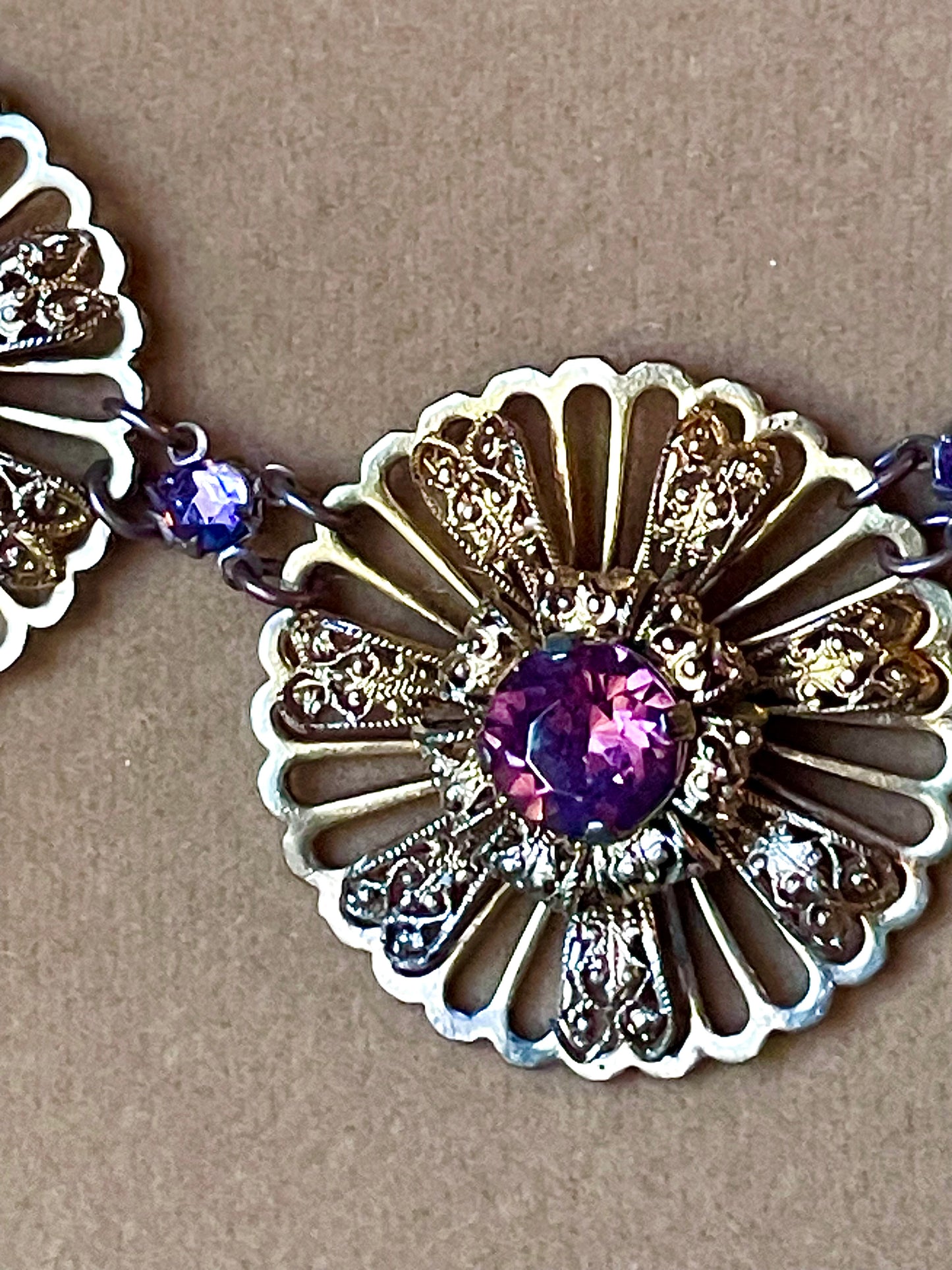 Victorian Book Link Purple Crystal Brass Filigree Choker Necklace