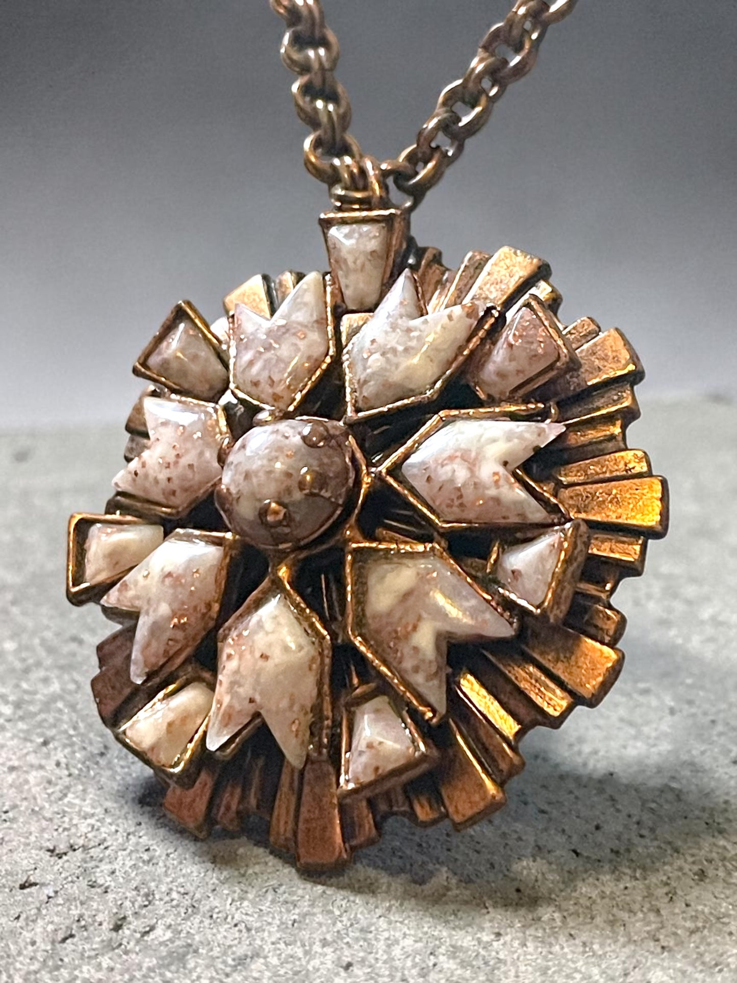 Modernist Arts & Crafts Copper Geometric Sunburst Pink Confetti Foil Art Glass Necklace