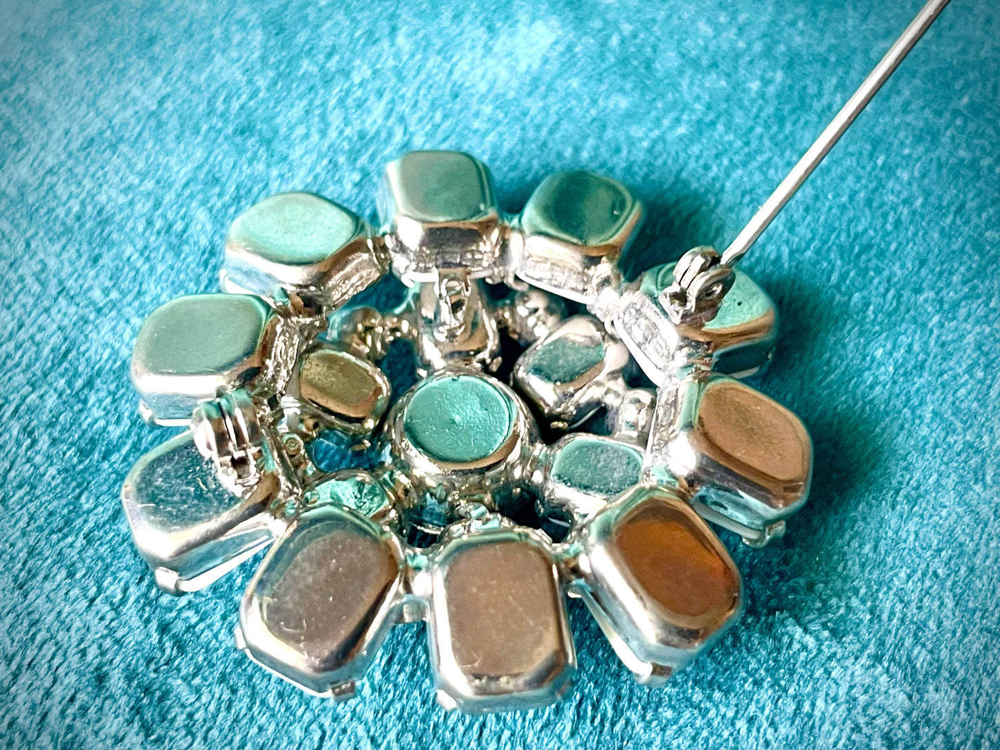 Milk Glass & Blue Topaz Crystal Prong Set Brooch & Earrings Set
