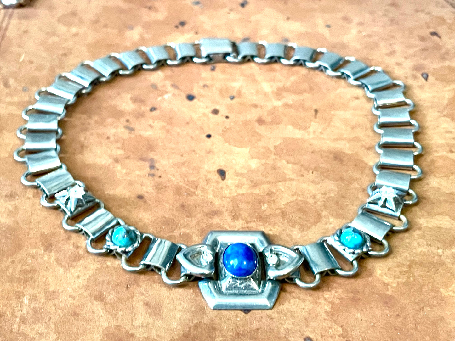 Victorian Chunky Silver Book-link Chain, Blue Lapis & Turquoise Art Glass & Crystal Rhinestone Collar Necklace