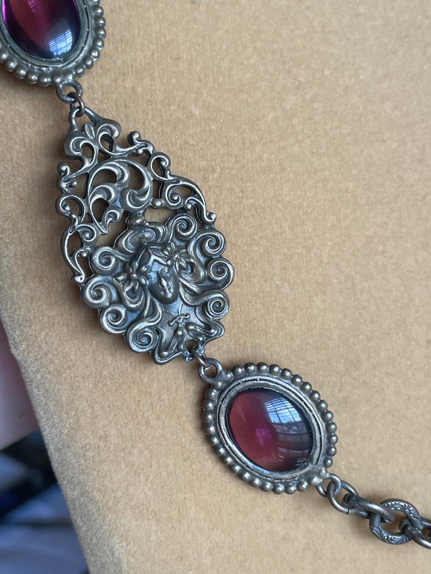 Art Nouveau Woman’s Face Flowing Hair Brass Purple Art Glass Long Necklace
