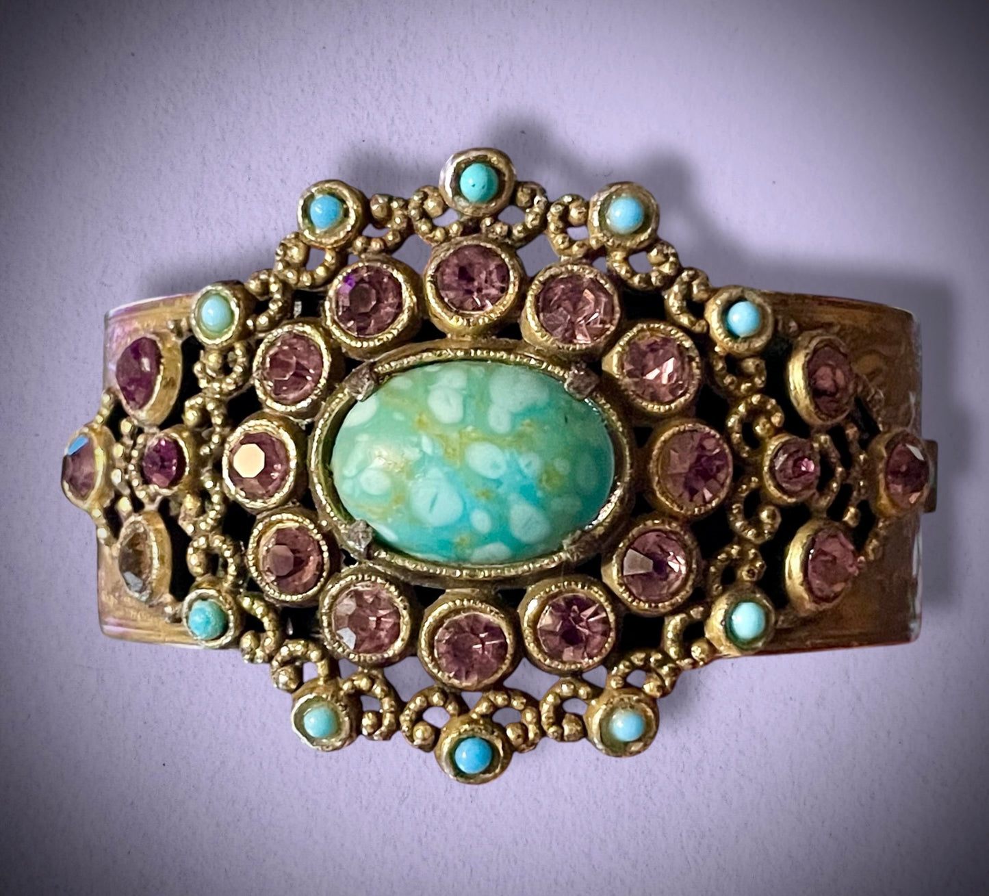 Czech Turquoise Hubble Art Glass & Purple Lilac Crystal Engraved Lilly Flower Brass Hinged Bangle Bracelet