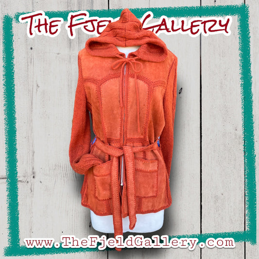 Vintage 1970’s Orange Suede Leather & Sweater Knit Hooded Zip Up Jacket