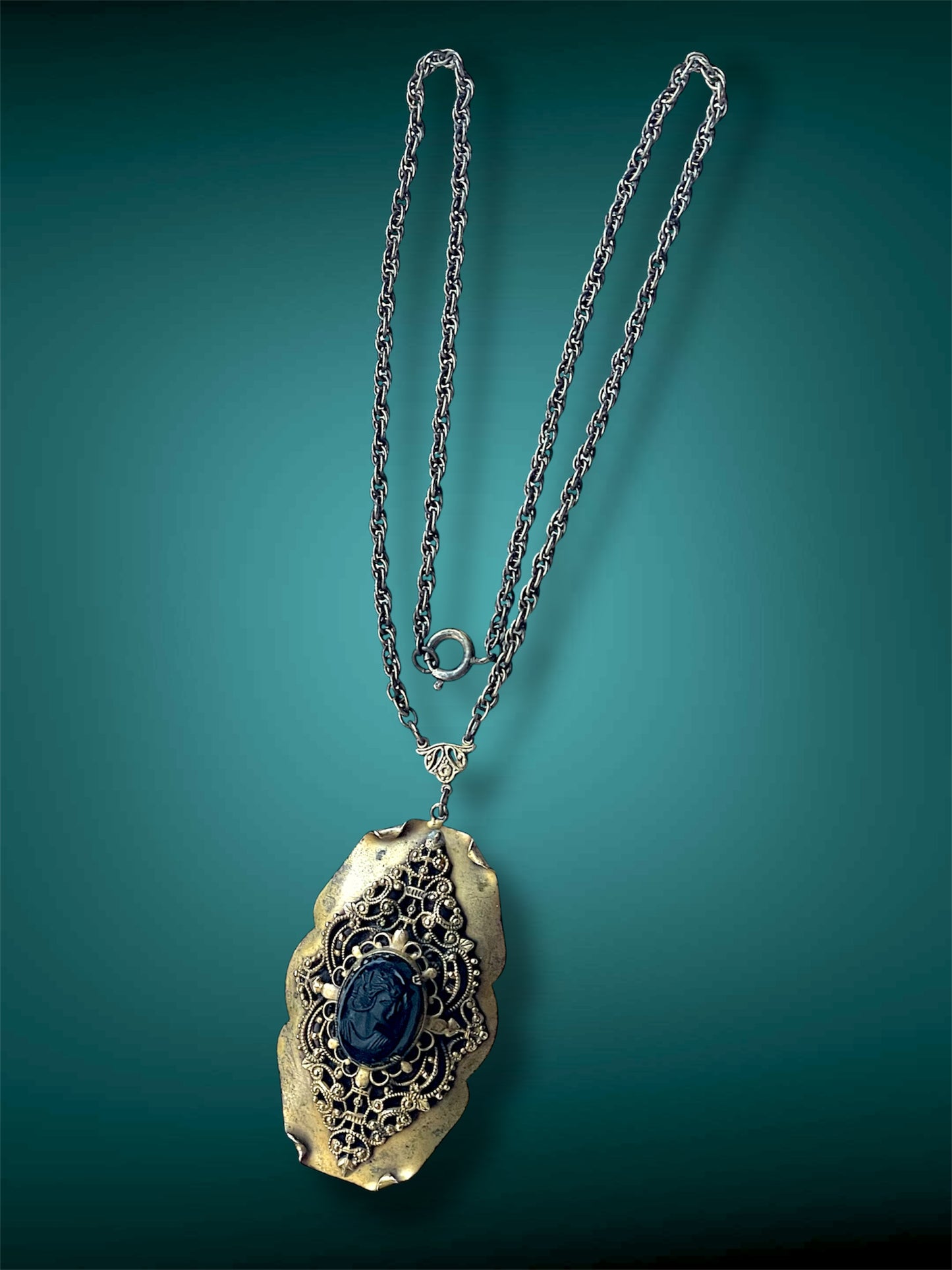 Victorian Black Mourning Cameo Brass Filigree Openwork Stamped Pendant Necklace