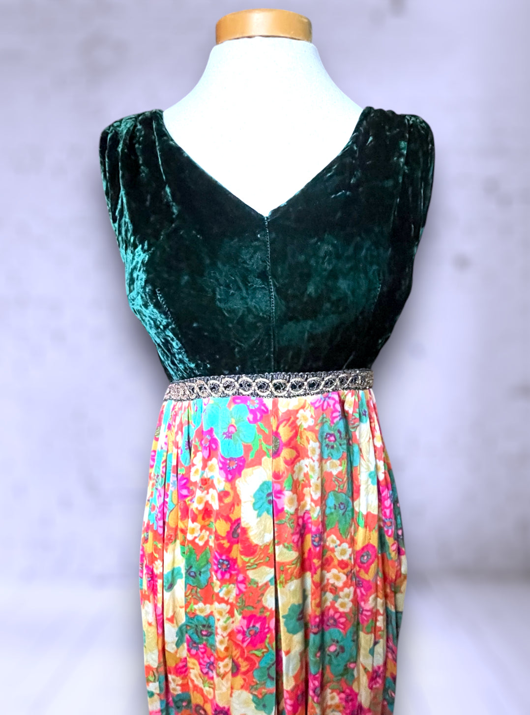 1960’s Vintage Green Velvet & Rainbow Floral Palazzo Pant Jumpsuit