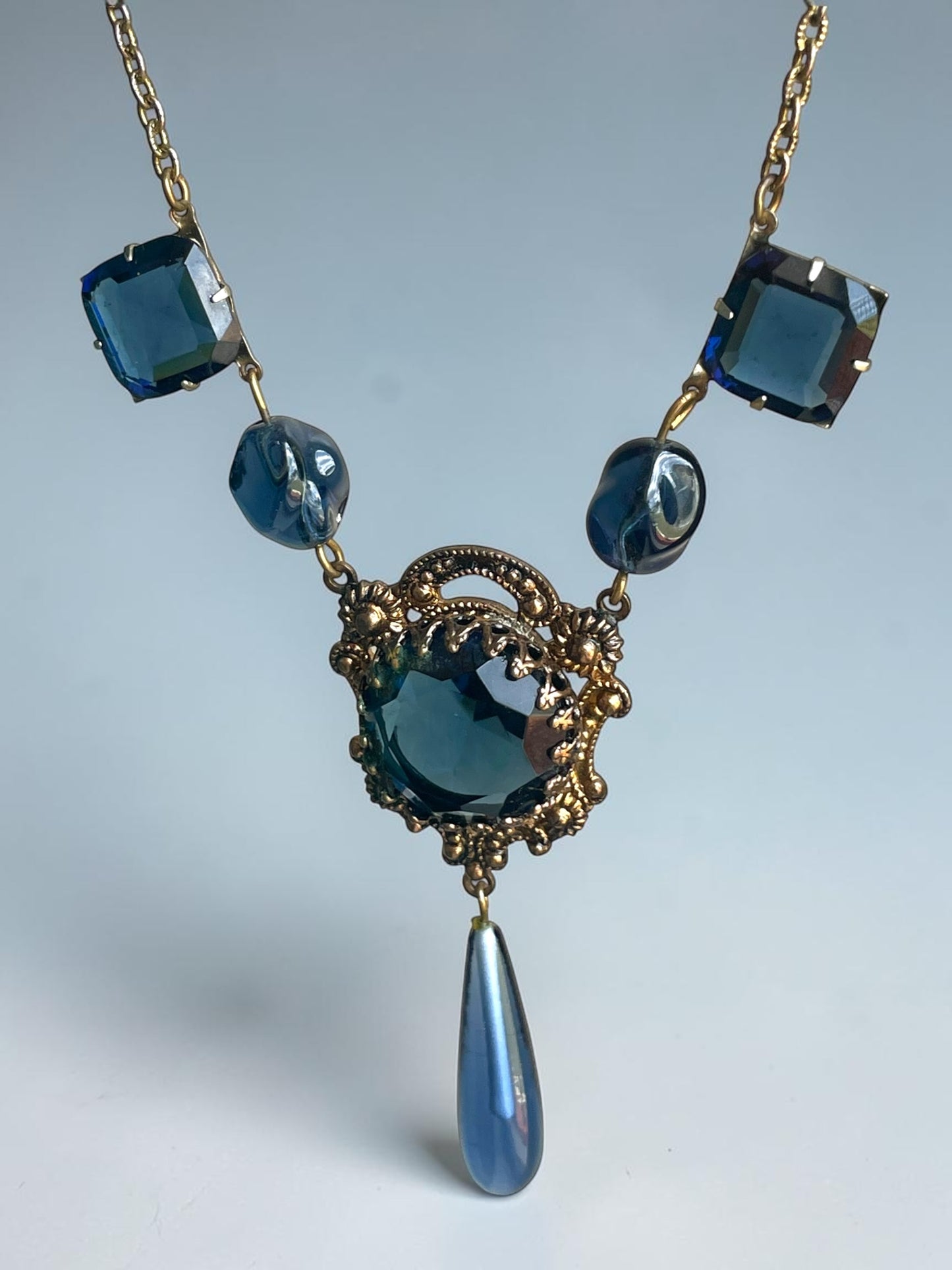 Art Nouveau Saphire Blue Czech Art Glass Brass Filigree Necklace