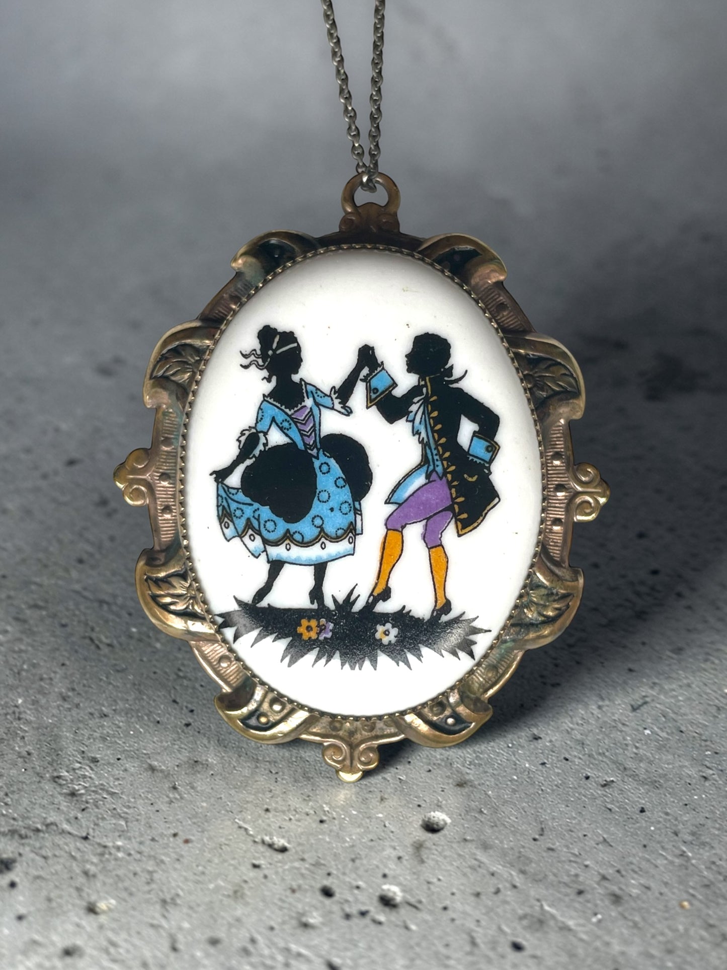 Edwardian Porcelain Silhouette  Courting Couple Colorful Limogé Cameo Gilded Brass Locket Sterling Necklace