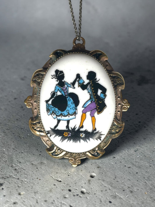 Edwardian Porcelain Silhouette  Courting Couple Colorful Limogé Cameo Gilded Brass Locket Sterling Necklace