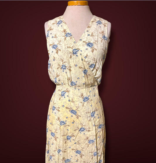 1990’s GAP Pale Yellow & Blue Floral Sleeveless Maxi Wrap Dress sz XS