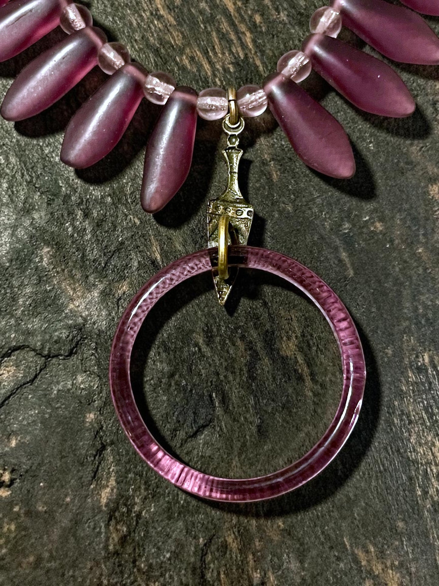 Art Deco Czech Purple Art Glass Vauxhall Ring Embossed Brass Setting Necklace