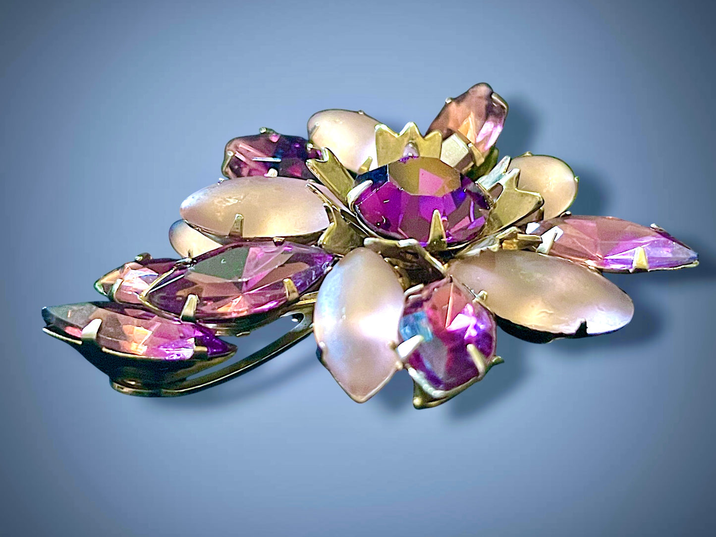 Purple Crystal & Frosted Art Glass Brass Filigree Prong Set Brooch & Earring Demi Parure Set