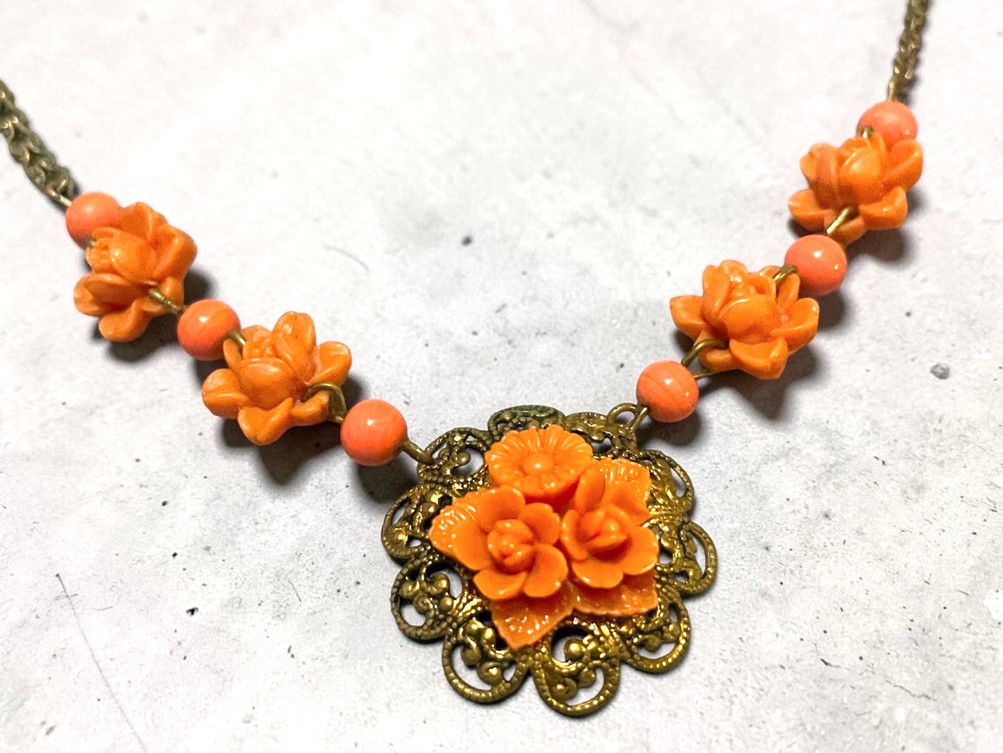 Art Nouveau Coral Orange Pink Celluloid Flower & Art Glass Bead Brass Necklace