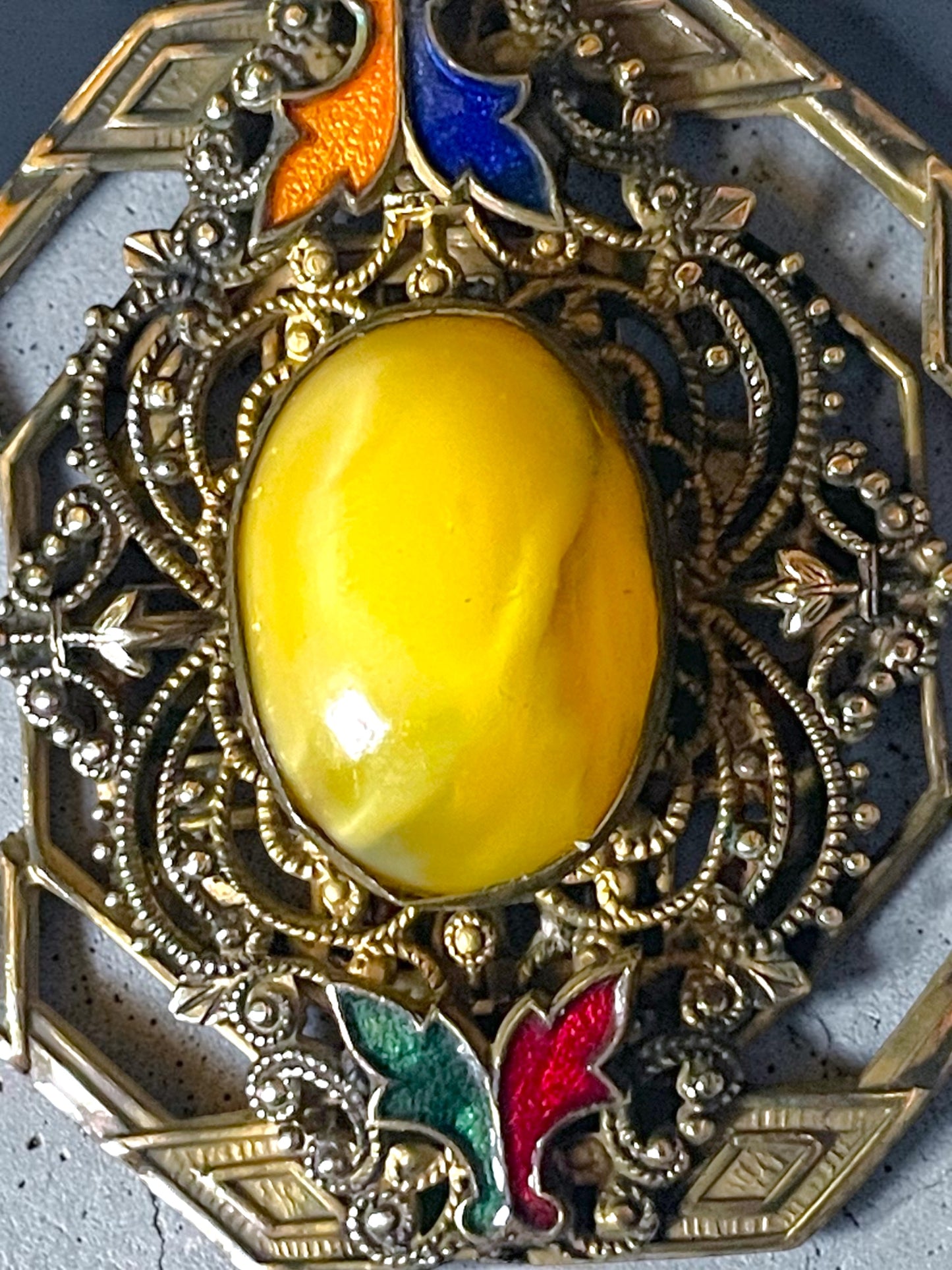 Art Nouveau Czech Brass Filigree Yellow Marbled Art Glass & Guilloché Necklace