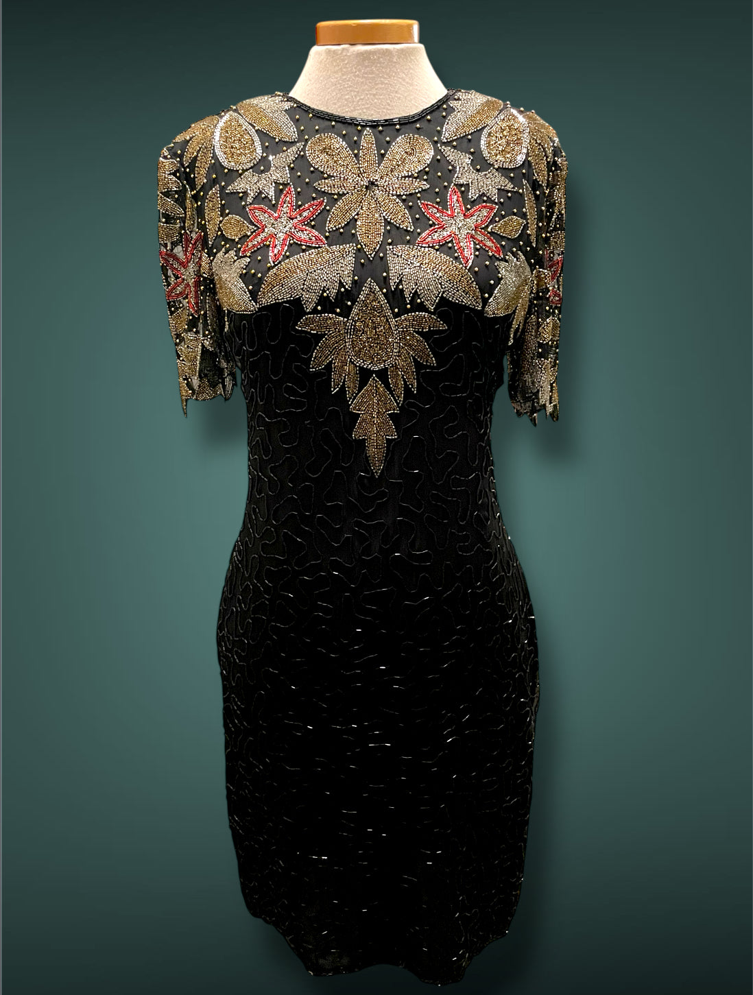 Vintage 1980’s Silk NYE Gold Silver Red & Black Glass Bead Short Dress