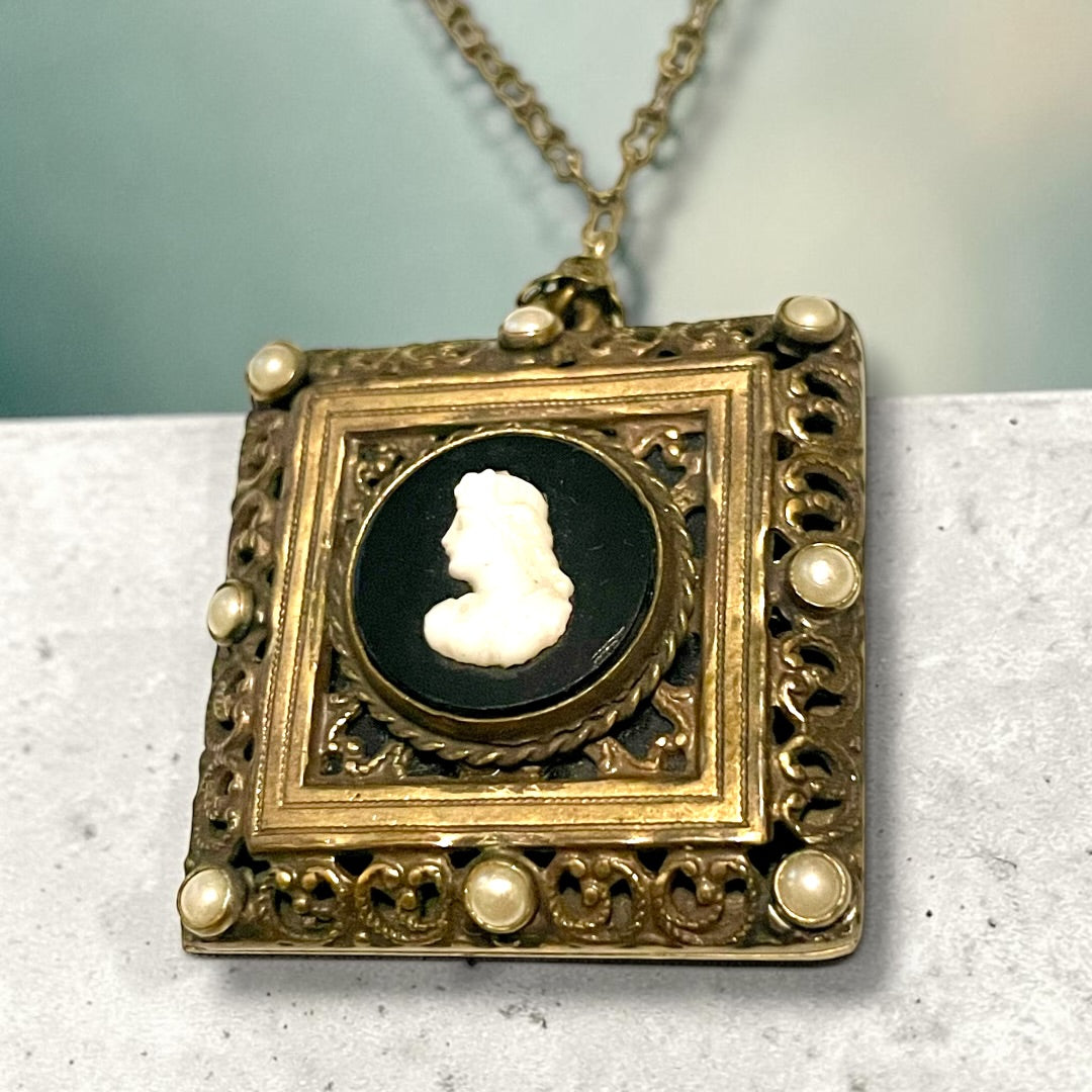 Brass Filigree Square Black & White Art Glass Mourning Cameo Photo Locket Necklace