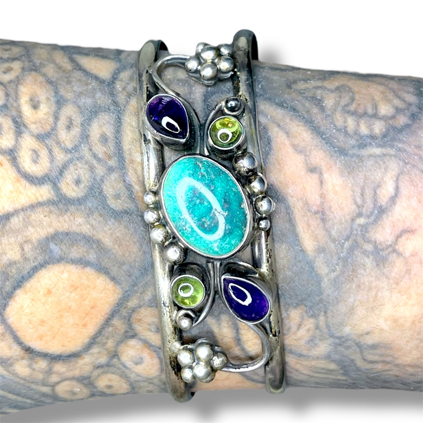 Vintage Turquoise, Amethyst & Peridot Gemstone Sterling Silver Floral Cuff Bracelet