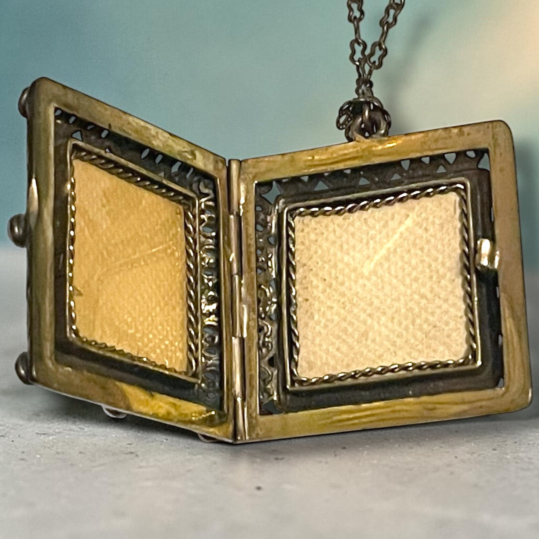 Brass Filigree Square Black & White Art Glass Mourning Cameo Photo Locket Necklace
