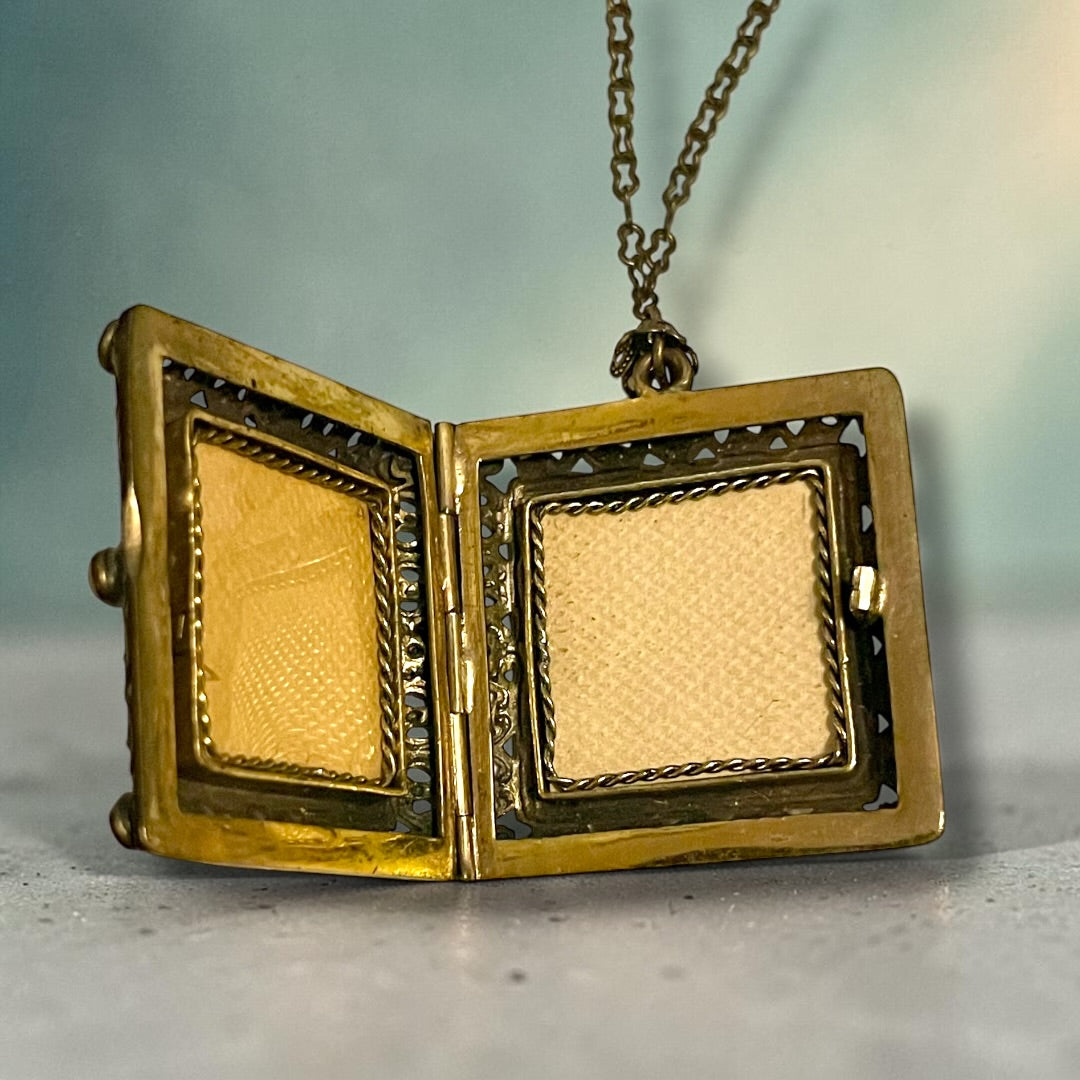 Brass Filigree Square Black & White Art Glass Mourning Cameo Photo Locket Necklace