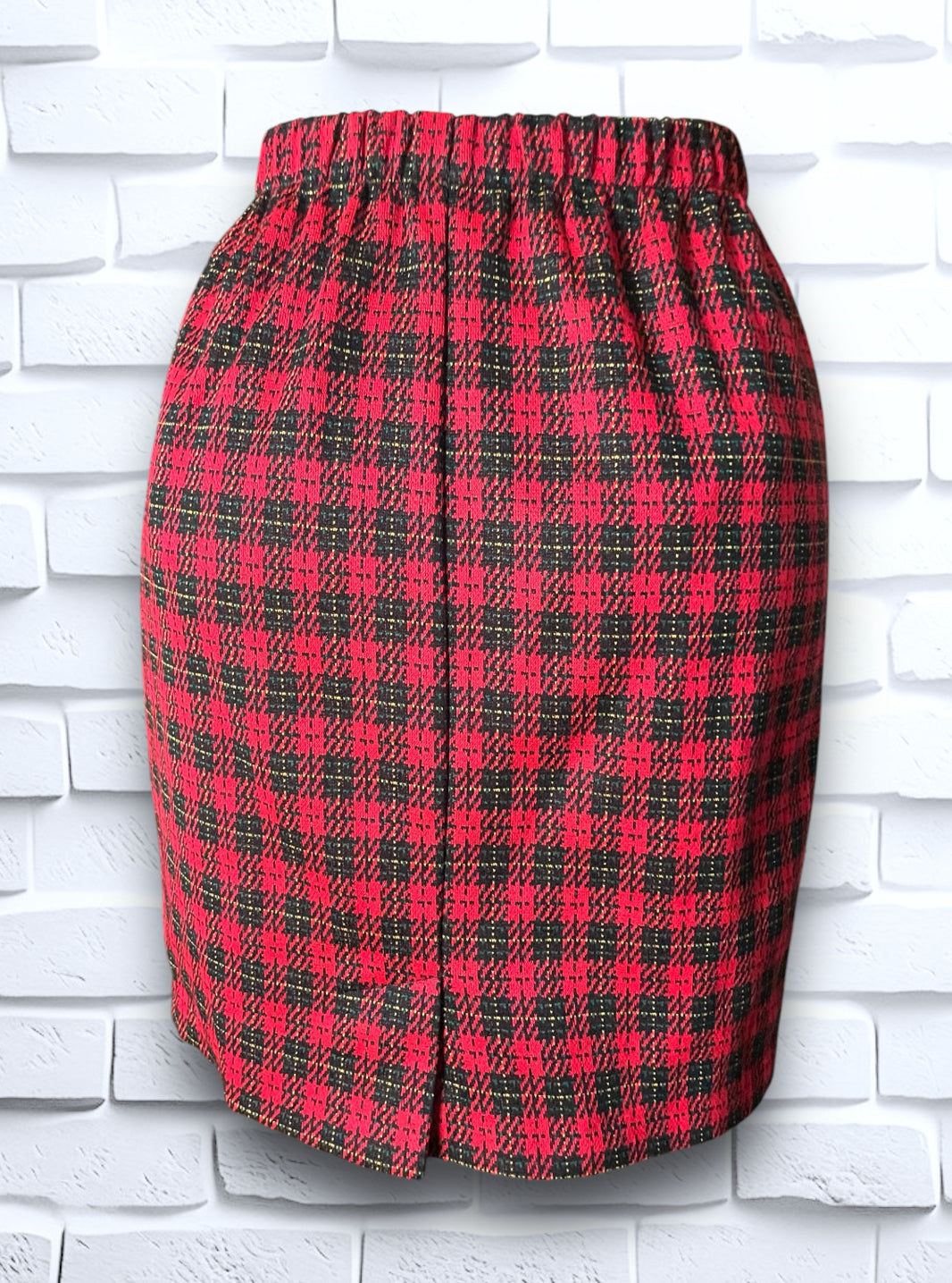 Vintage Red, Black & Yellow Plaid Skirt Suit with Black Velvet Detailing