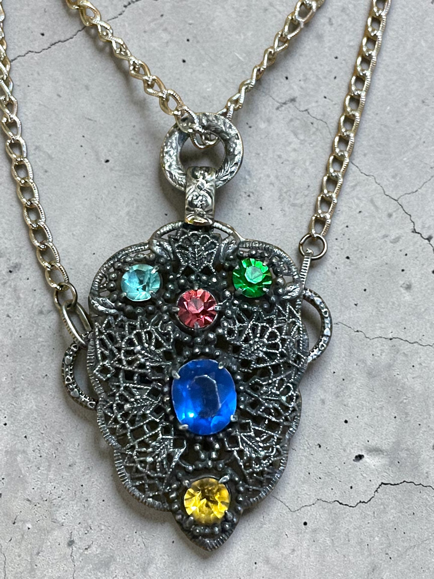Czech Silver Filigree Fruit Salad Multi-color Leaded Past Stone Crystal Saphire, Emerald, Aquamarine, Ruby & Citrine Festoon Necklace