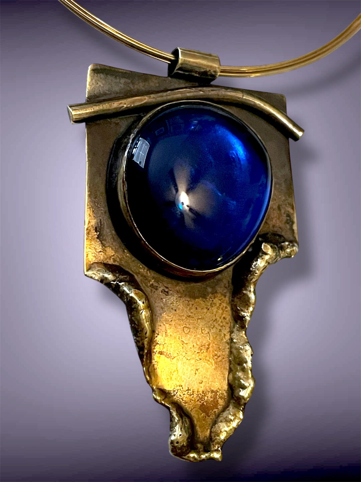 Antique Brass Brutalist Sapphire Blue Foil Art Glass Choker Necklace