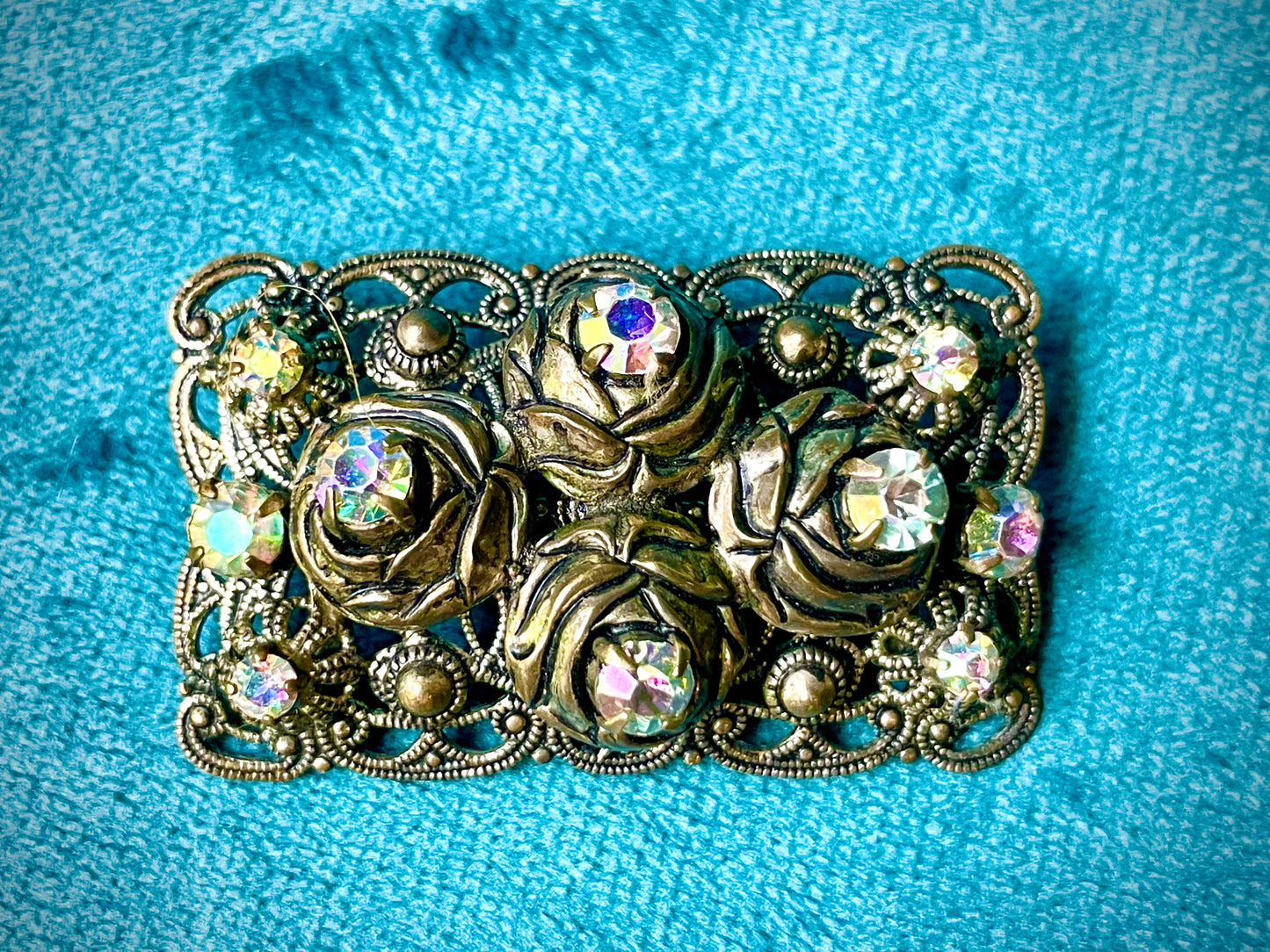 West German Aurora Borealis Crystal Brass Filigree Rose Brooch