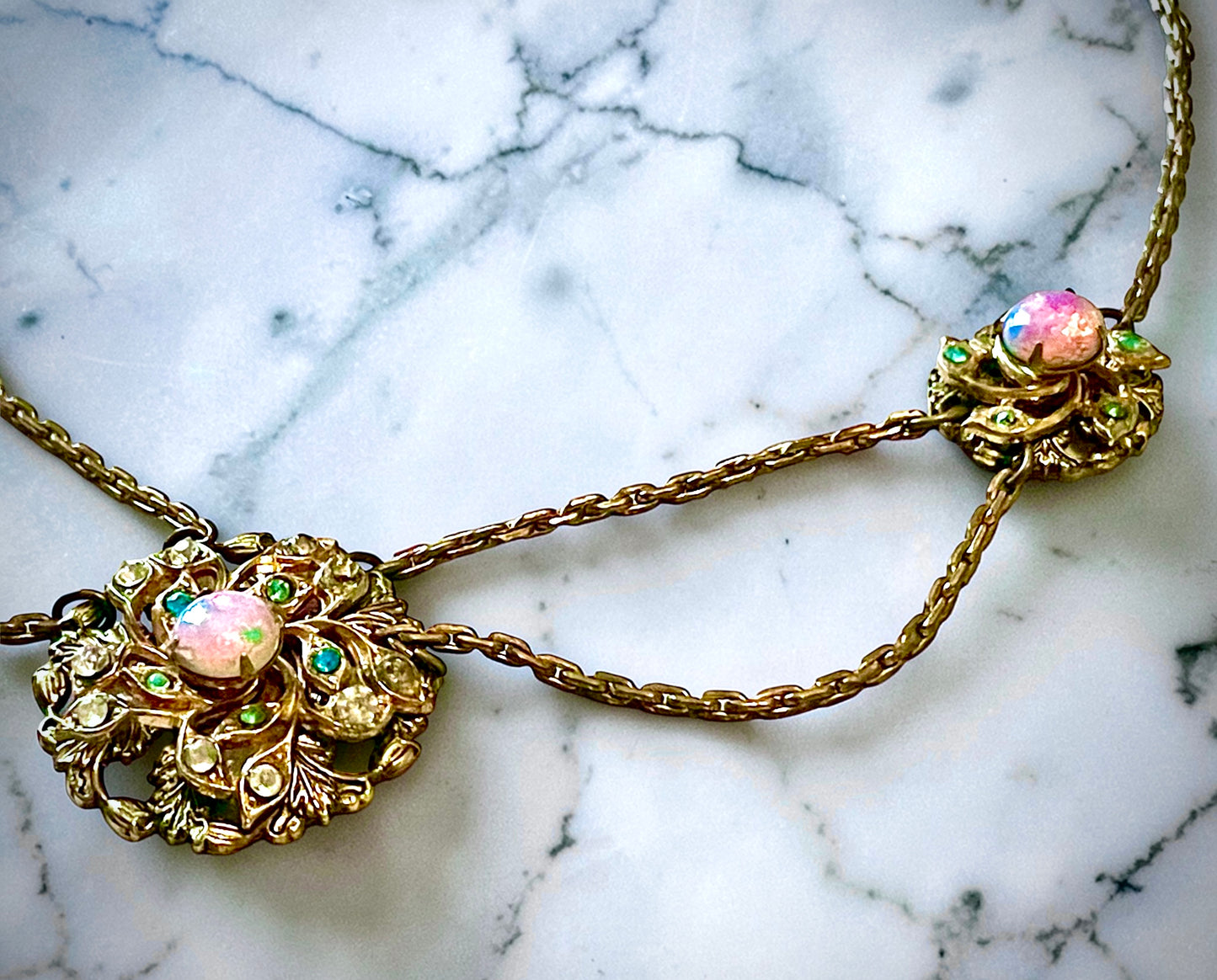 Edwardian Pink Gold Foil Art Glass Dragons Breath Fire Opal Festoon Necklace
