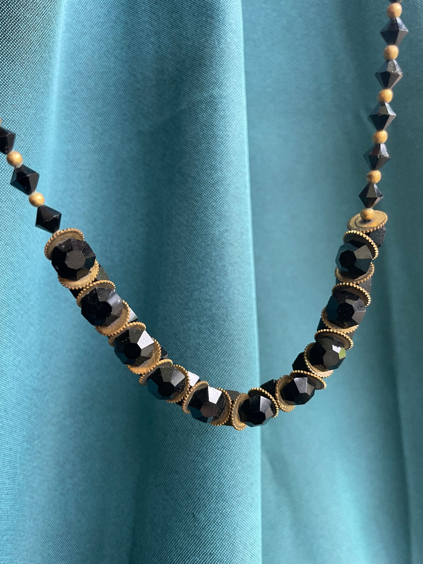 Victorian Mourning Black Crystal & Brass Saw-blade Gothic Chain Necklace
