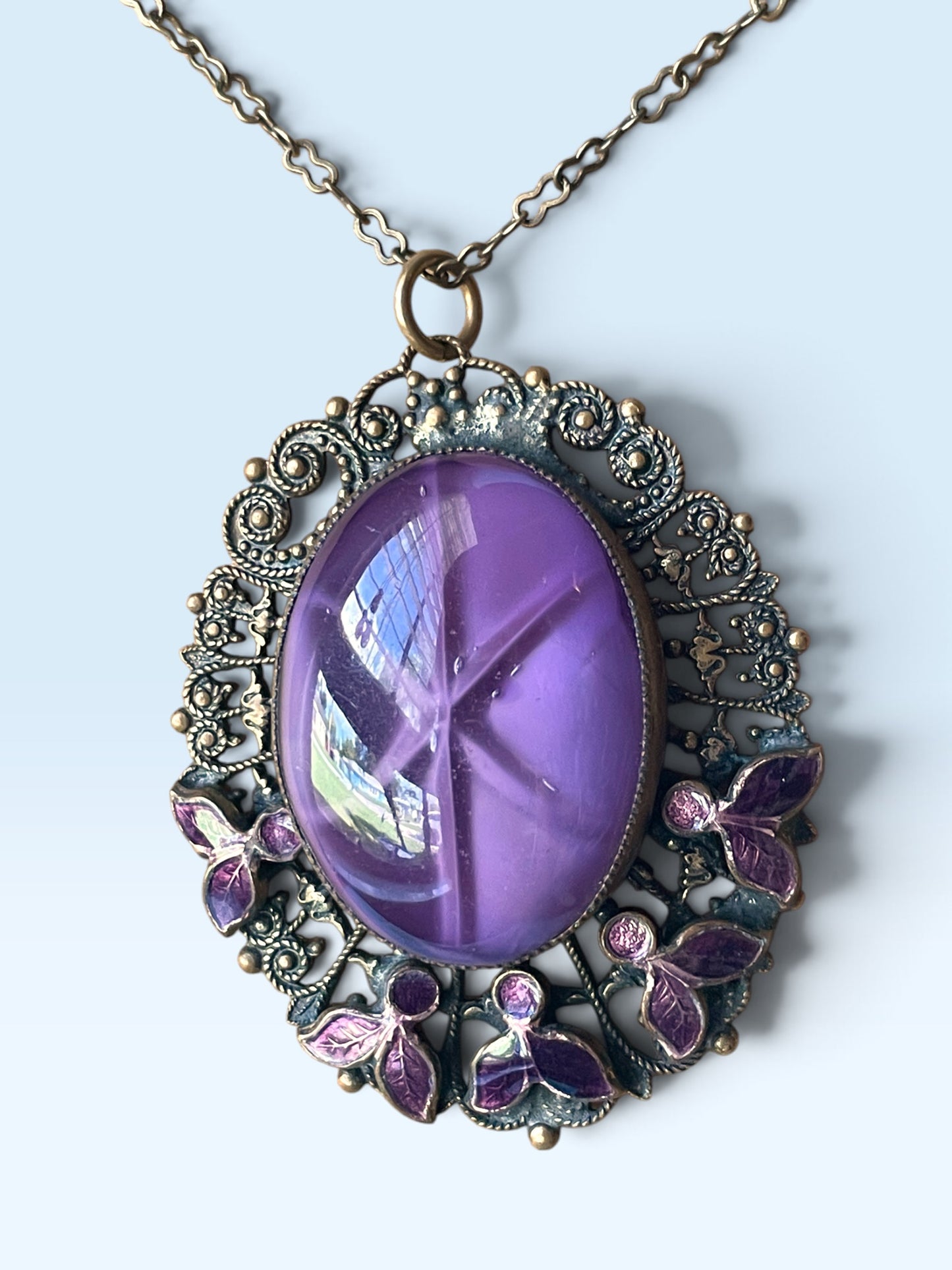 Art Nouveau Nieger Brothers Purple Cat Eye Star Art Glass Enamel Flower Brass Filigree Necklace