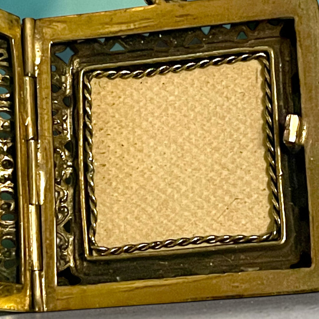 Brass Filigree Square Black & White Art Glass Mourning Cameo Photo Locket Necklace