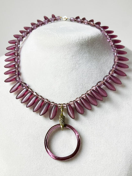 Art Deco Czech Purple Art Glass Vauxhall Ring Embossed Brass Setting Necklace