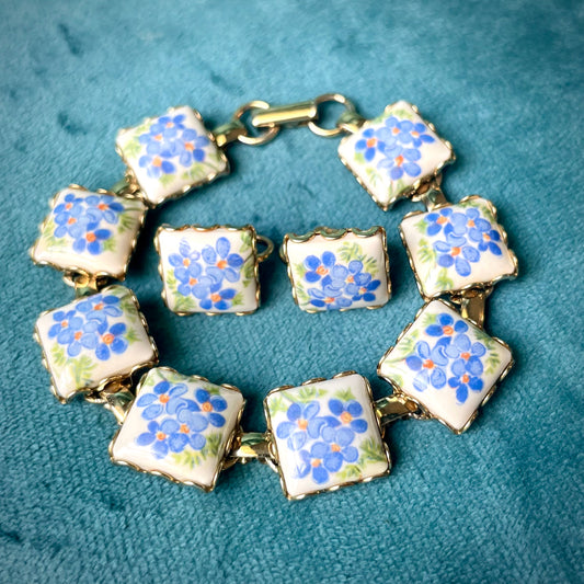 Vintage Blue Forget Me Not Flower Hand Painted Porcelain Limoge Panel Link Bracelet & Earring Demi Parure