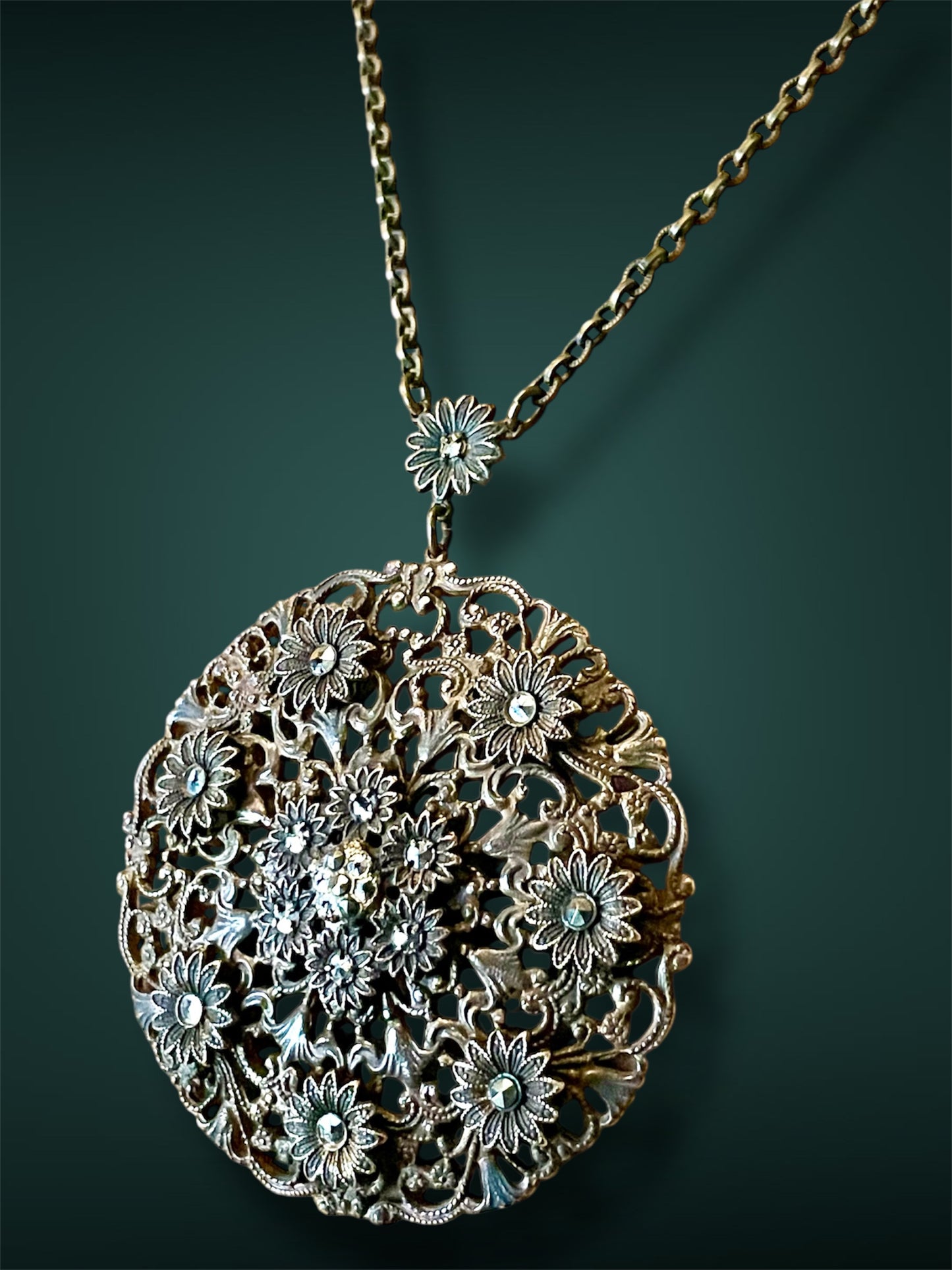 Art Nouveau Brass Floral & Flourish Filigree Daisy Marcasite Necklace
